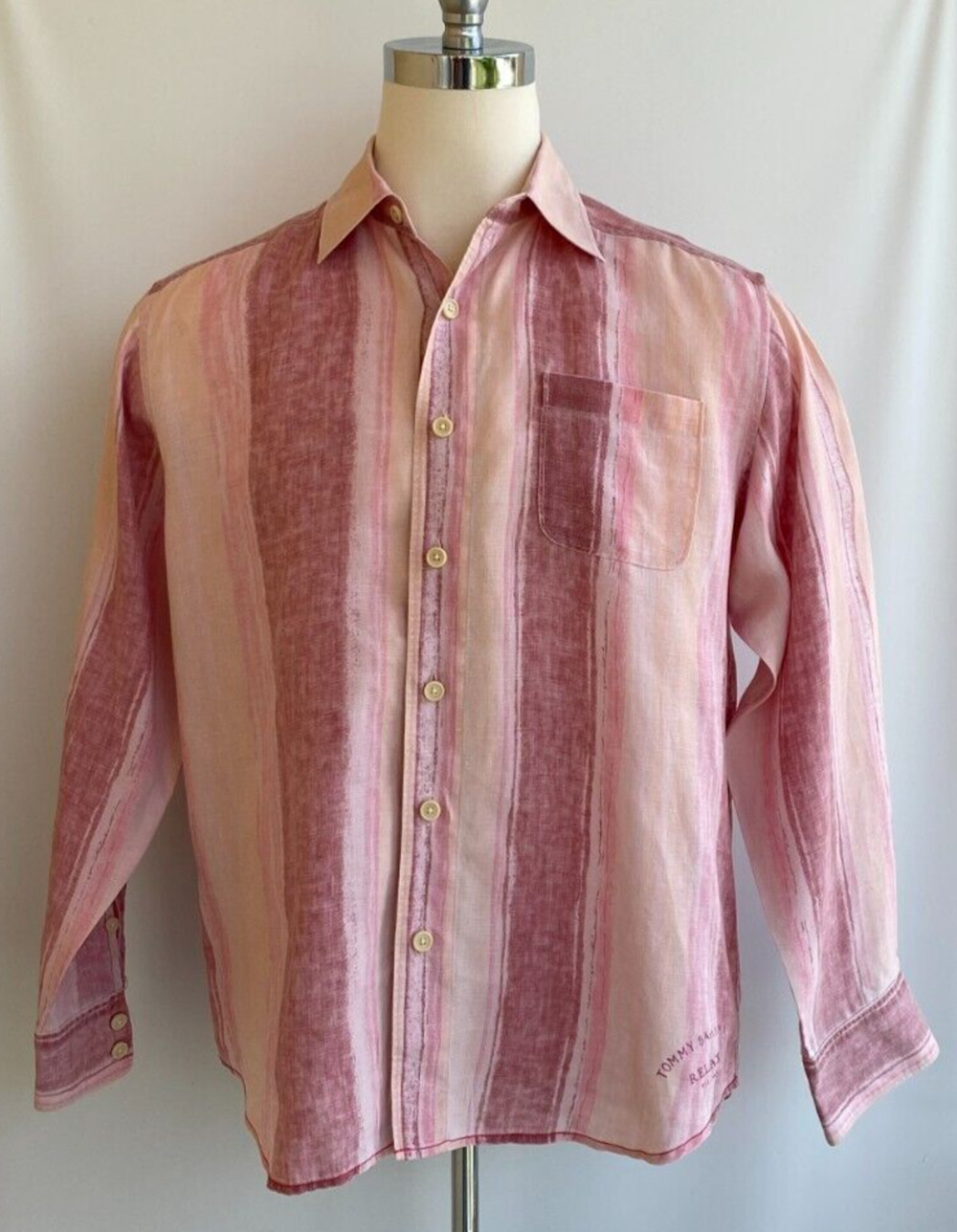 Tommy Bahama 100% Linen Shirt Button Up Long Sleeve Striped Red Pink sz M